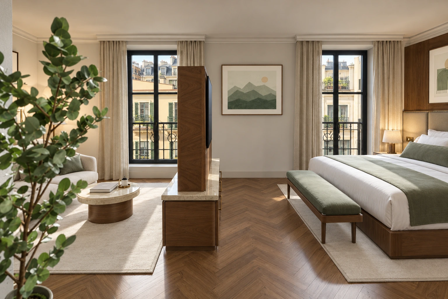 A suite with a timber room divider, sage bedding and a sunlit sitting area