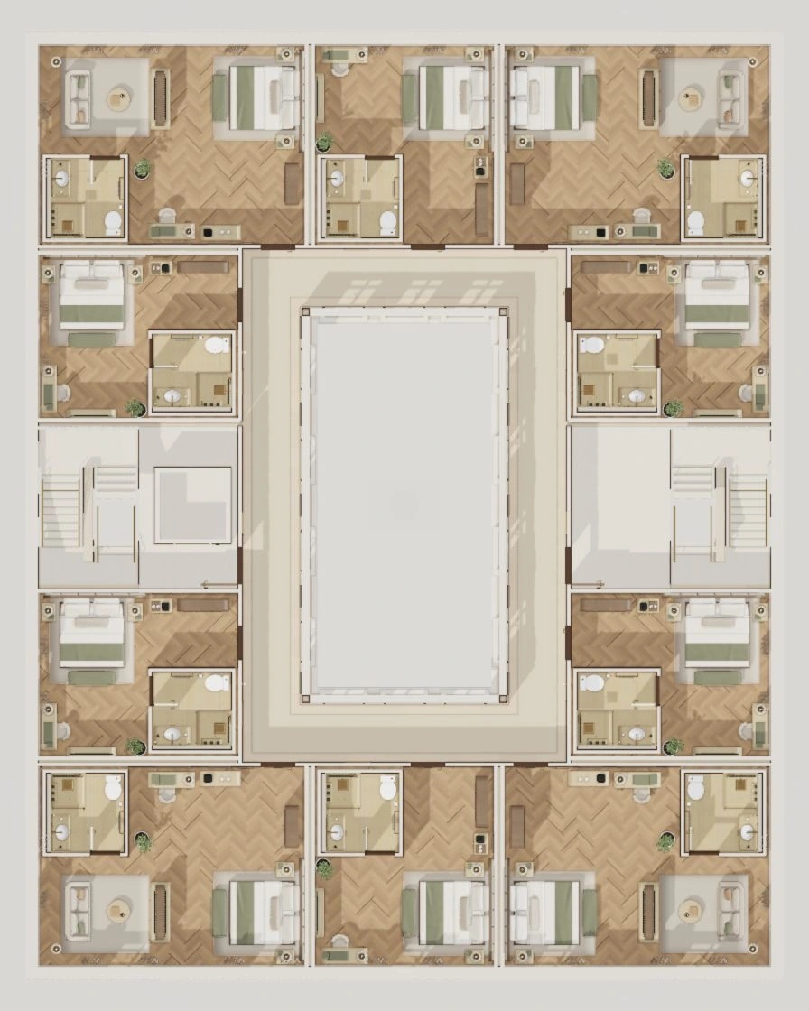 A floor plan showing guest rooms surrounding a central courtyard