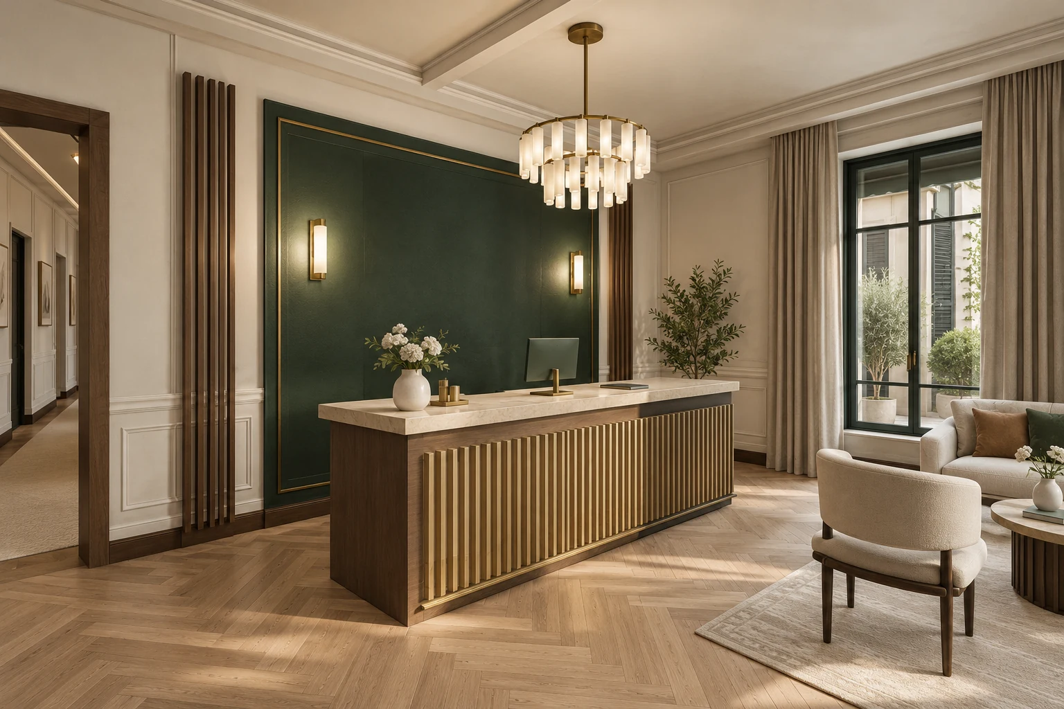 A reception desk in pale stone and fluted timber, against deep green wall panels