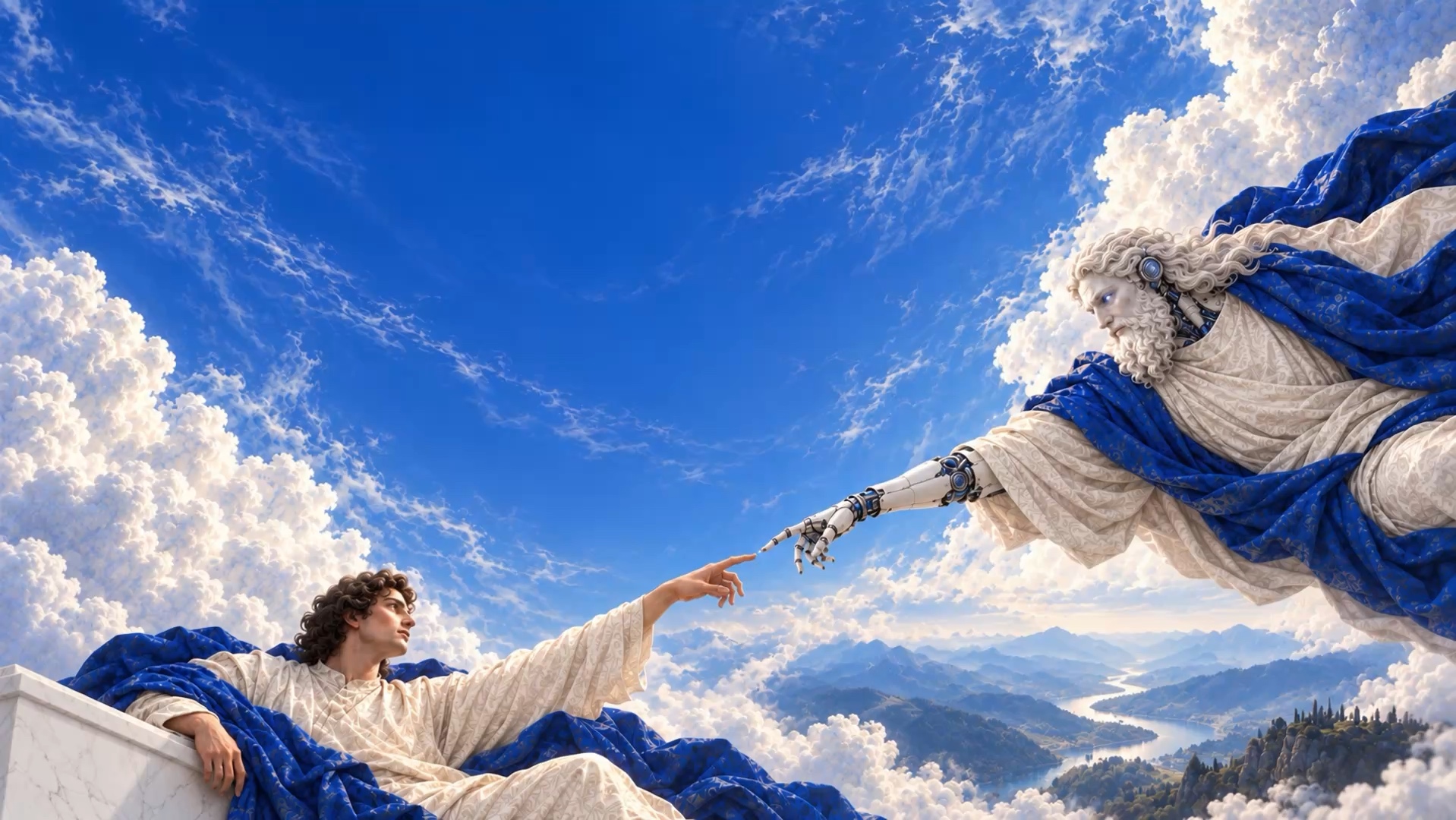 A Renaissance figure reaches towards a mechanical figure above a silver river and cobalt clouds
